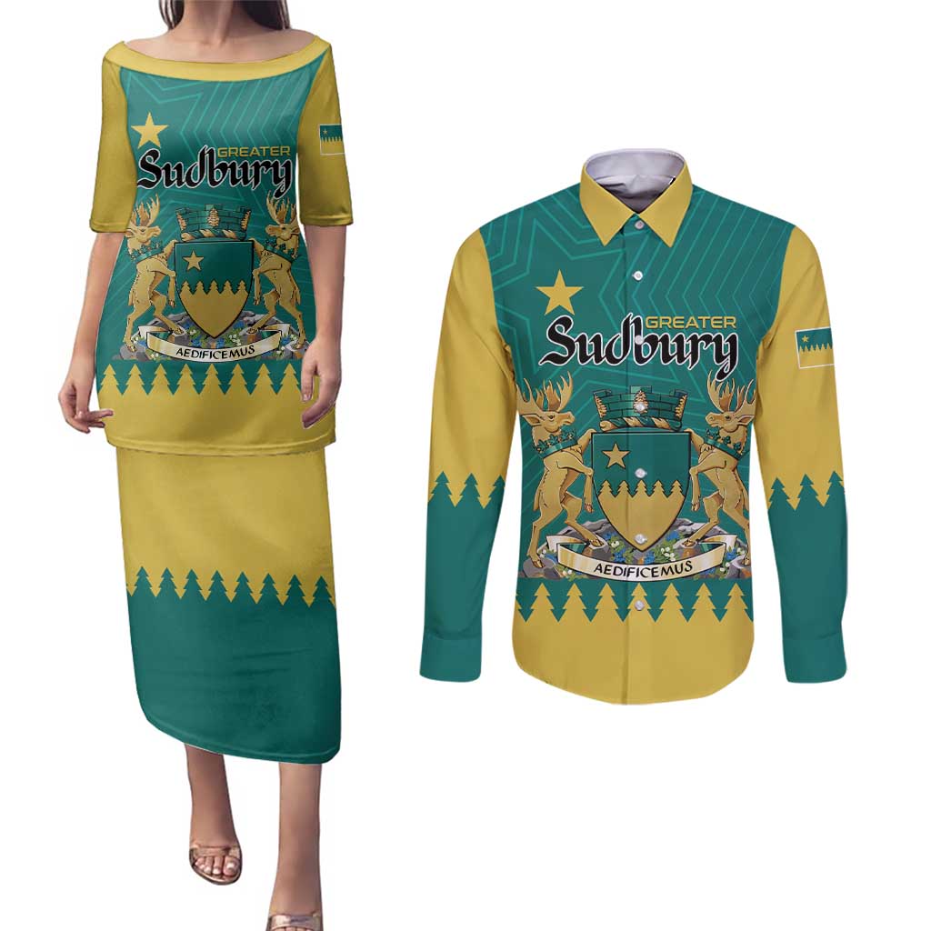 Personalised Canada Greater Sudbury Couples Matching Puletasi and Long Sleeve Button Shirt The Nickel Capital Aedificemus