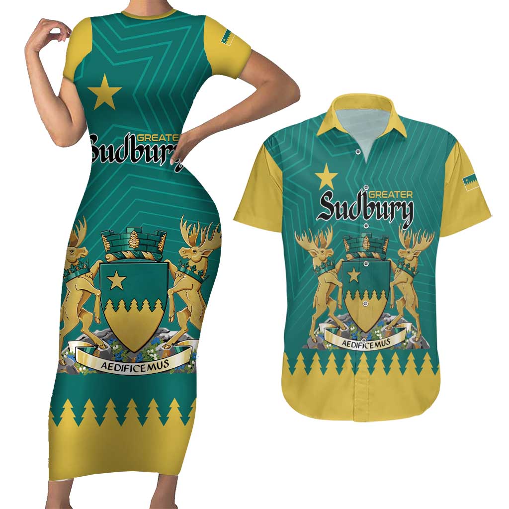 Personalised Canada Greater Sudbury Couples Matching Short Sleeve Bodycon Dress and Hawaiian Shirt The Nickel Capital Aedificemus