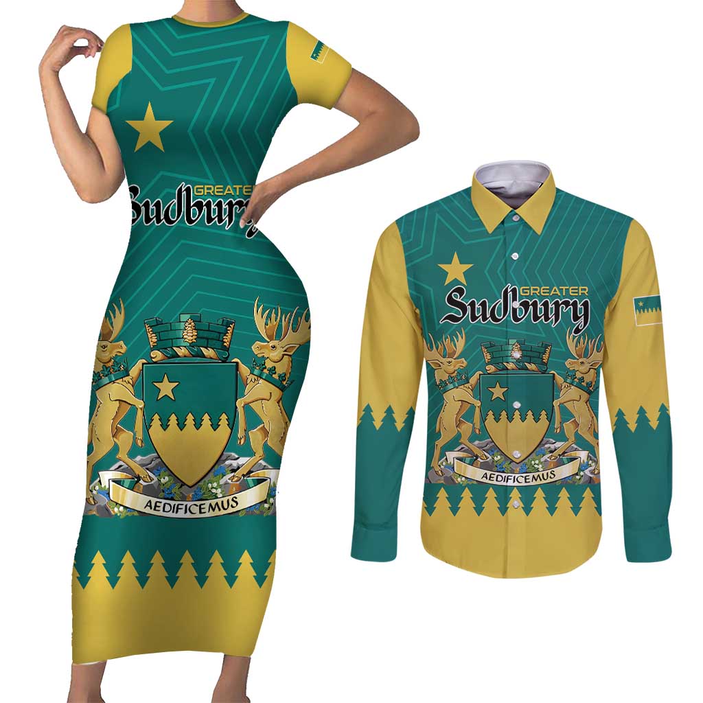 Personalised Canada Greater Sudbury Couples Matching Short Sleeve Bodycon Dress and Long Sleeve Button Shirt The Nickel Capital Aedificemus