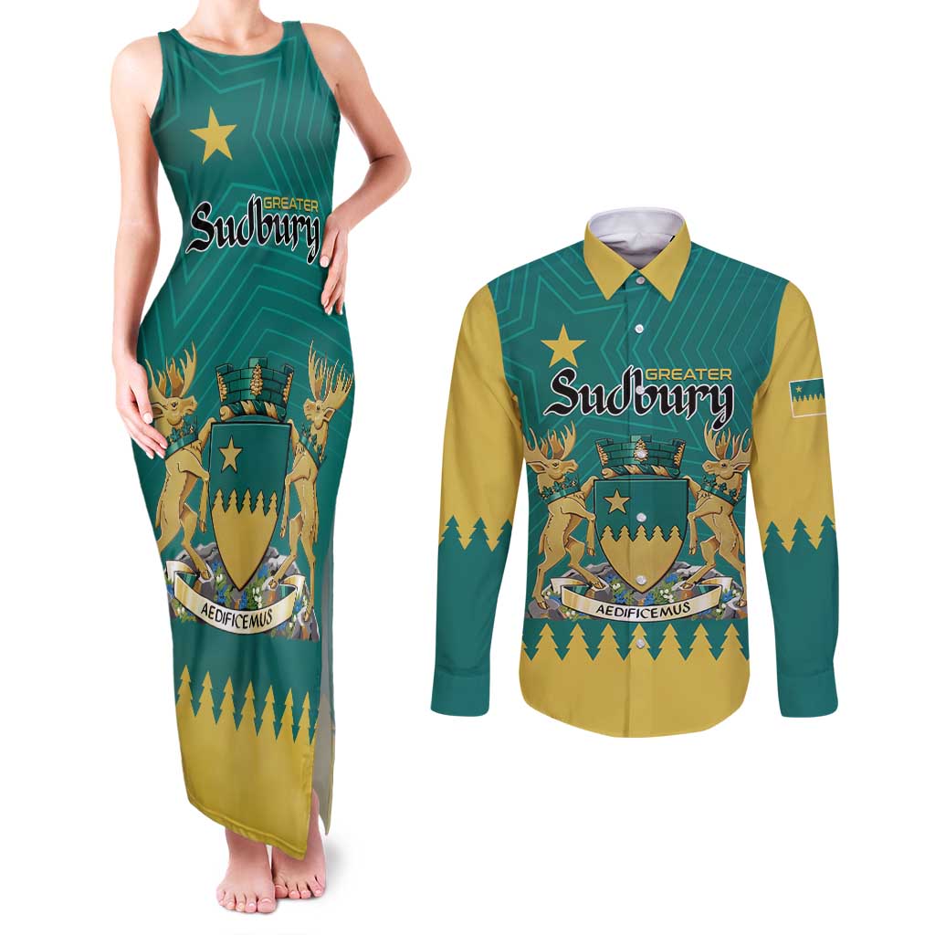 Personalised Canada Greater Sudbury Couples Matching Tank Maxi Dress and Long Sleeve Button Shirt The Nickel Capital Aedificemus