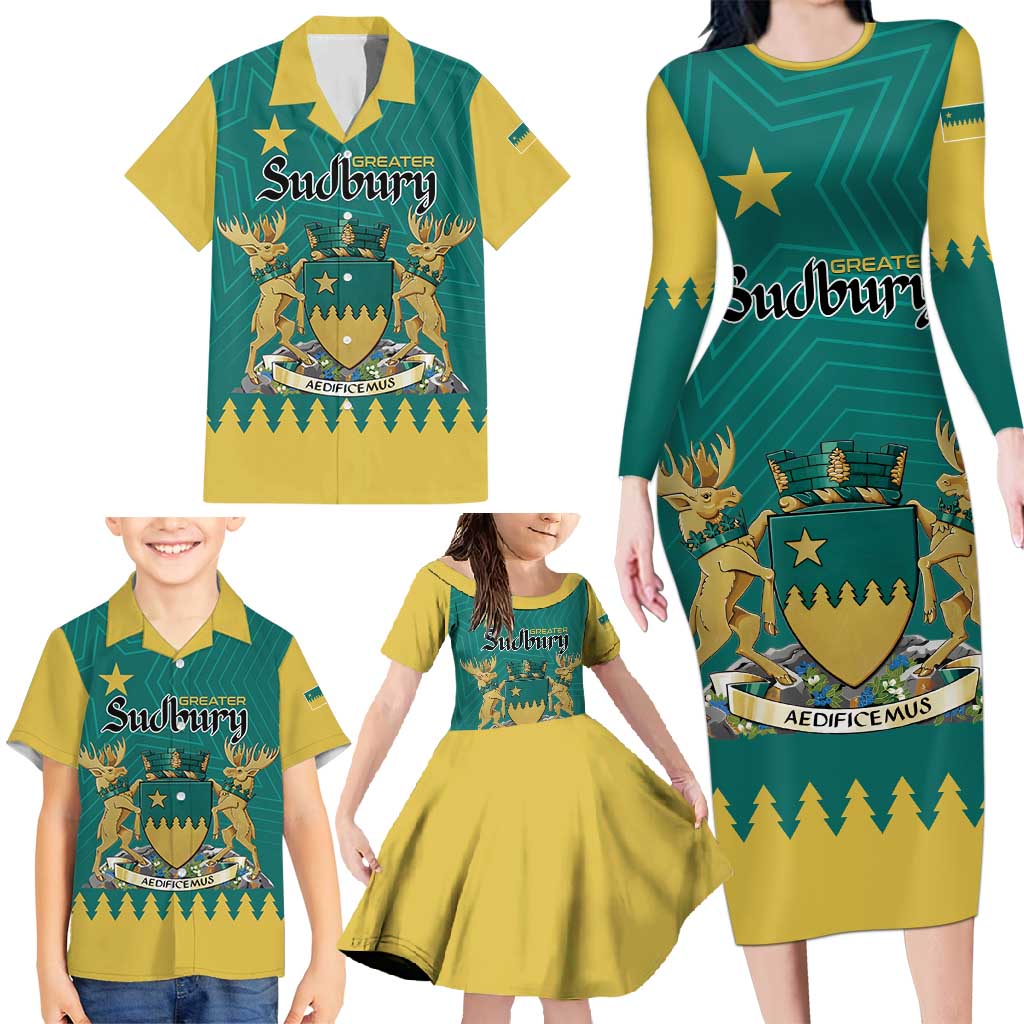 Personalised Canada Greater Sudbury Family Matching Long Sleeve Bodycon Dress and Hawaiian Shirt The Nickel Capital Aedificemus