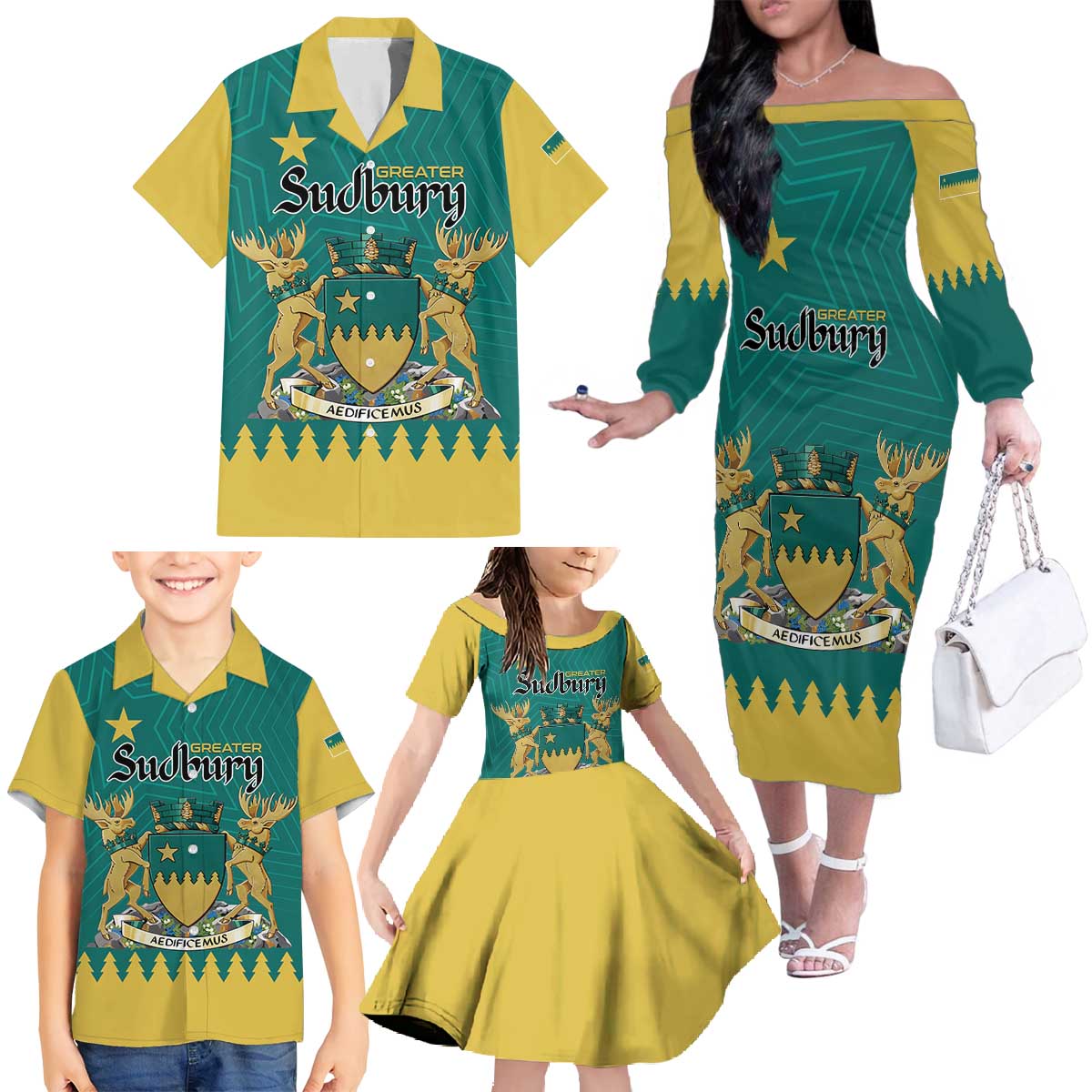 Personalised Canada Greater Sudbury Family Matching Off The Shoulder Long Sleeve Dress and Hawaiian Shirt The Nickel Capital Aedificemus