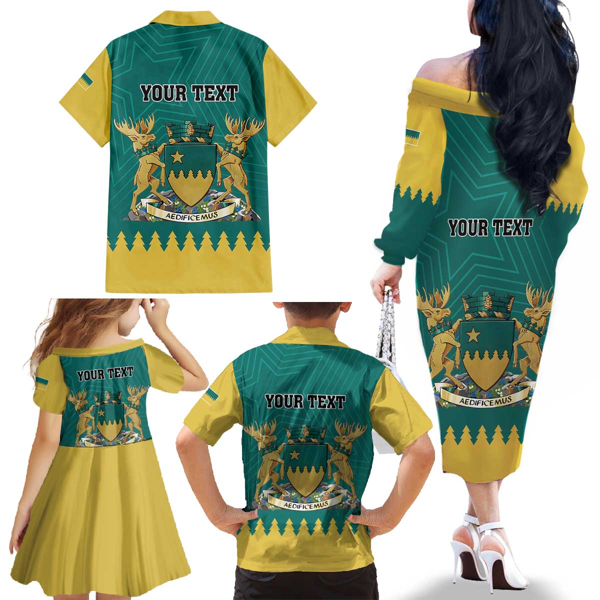 Personalised Canada Greater Sudbury Family Matching Off The Shoulder Long Sleeve Dress and Hawaiian Shirt The Nickel Capital Aedificemus