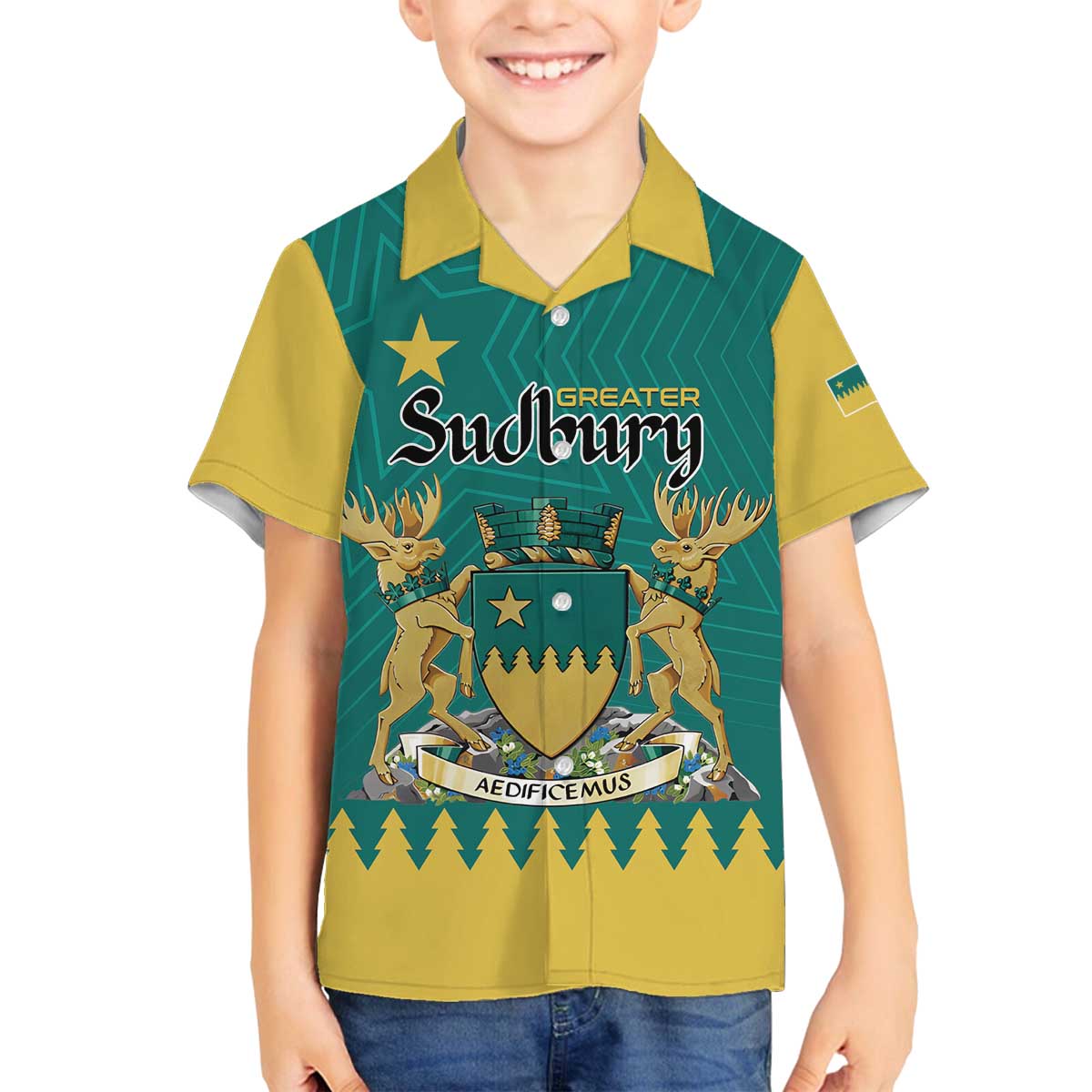 Personalised Canada Greater Sudbury Family Matching Off The Shoulder Long Sleeve Dress and Hawaiian Shirt The Nickel Capital Aedificemus