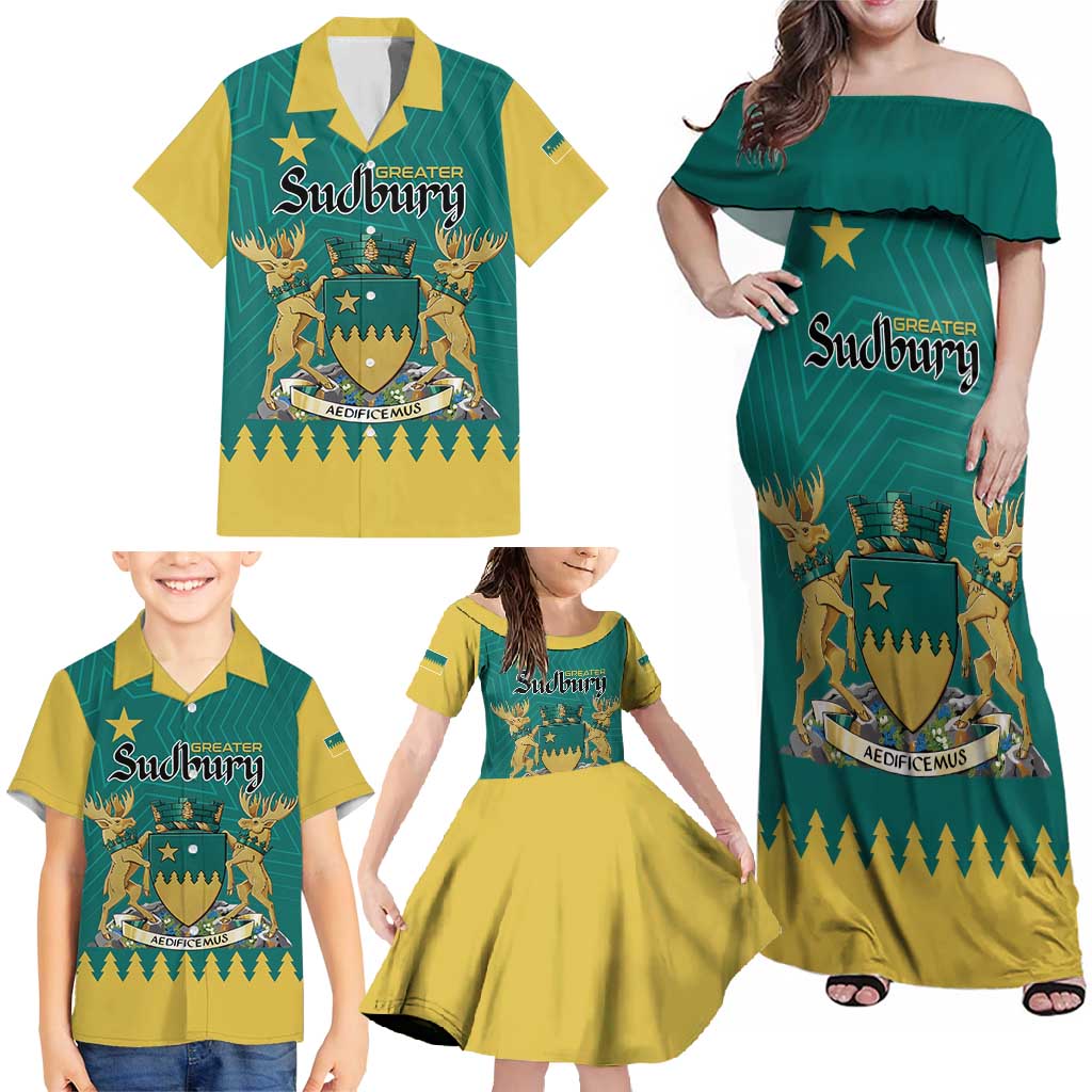 Personalised Canada Greater Sudbury Family Matching Off Shoulder Maxi Dress and Hawaiian Shirt The Nickel Capital Aedificemus