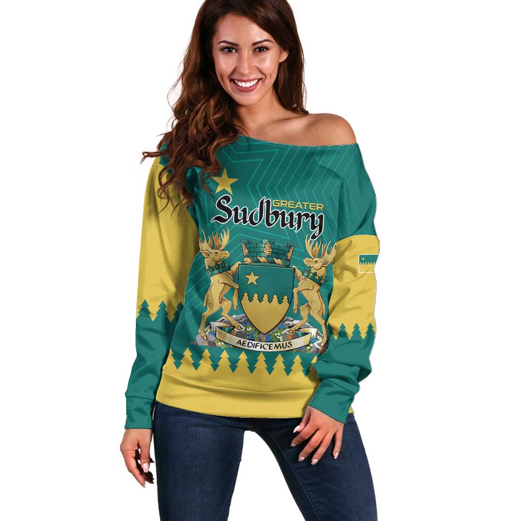 Personalised Canada Greater Sudbury Off Shoulder Sweater The Nickel Capital Aedificemus