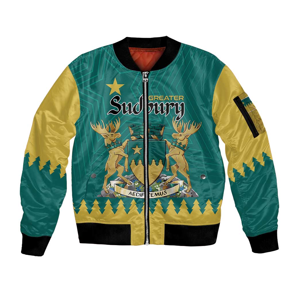 Personalised Canada Greater Sudbury Sleeve Zip Bomber Jacket The Nickel Capital Aedificemus