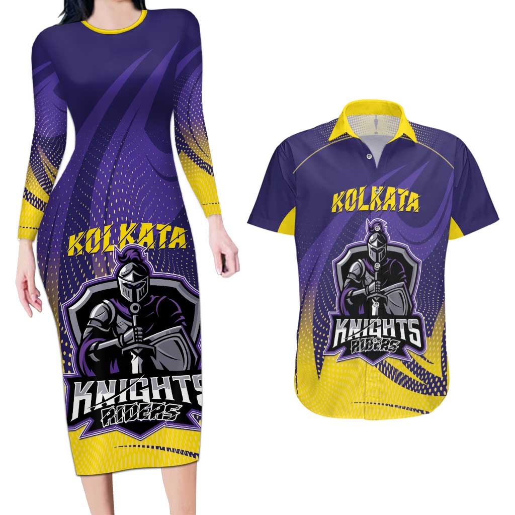 Custom Kolkata 2025 Cricket Knight Riders Couples Matching Long Sleeve Bodycon Dress and Hawaiian Shirt Korbo Lorbo Jeetbo