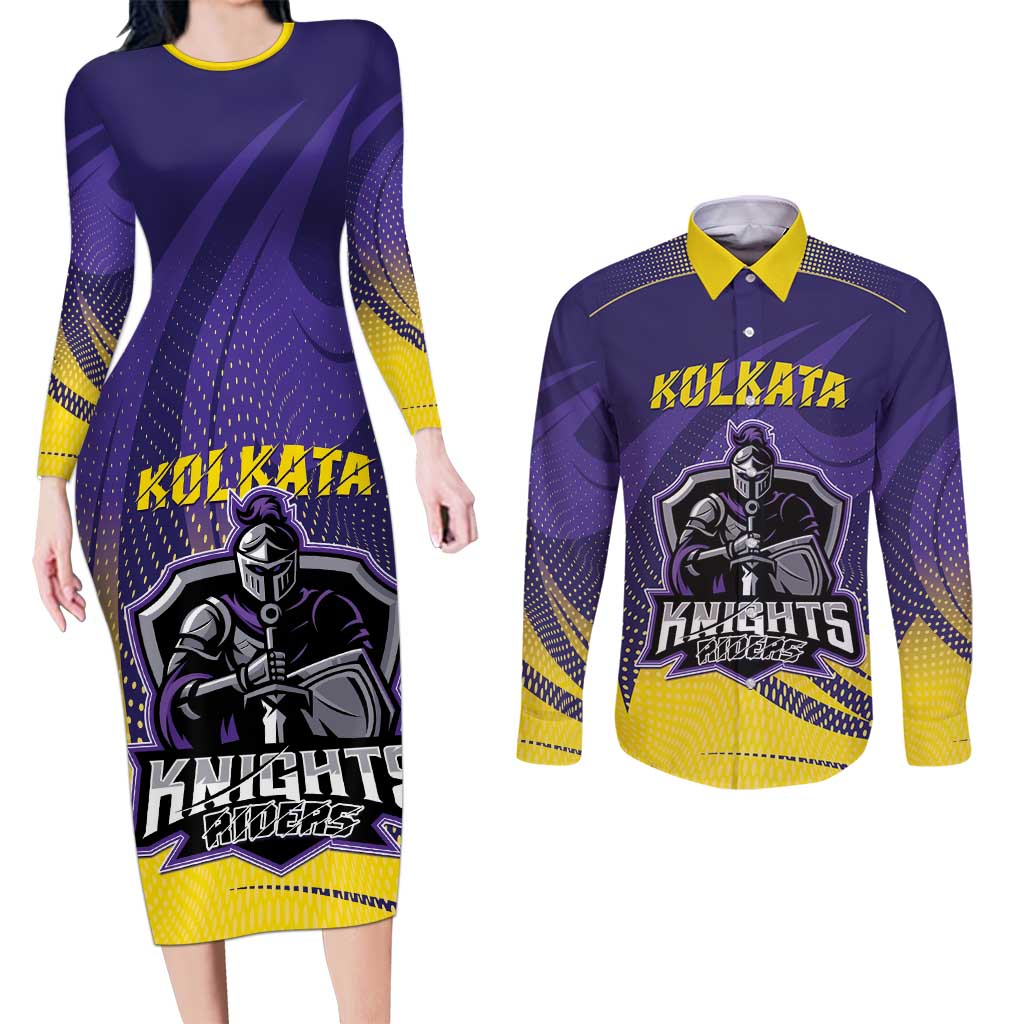 Custom Kolkata 2025 Cricket Knight Riders Couples Matching Long Sleeve Bodycon Dress and Long Sleeve Button Shirt Korbo Lorbo Jeetbo