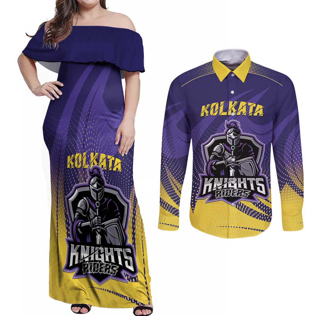 Custom Kolkata 2025 Cricket Knight Riders Couples Matching Off Shoulder Maxi Dress and Long Sleeve Button Shirt Korbo Lorbo Jeetbo