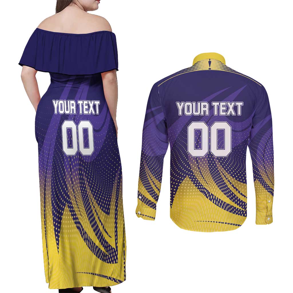 Custom Kolkata 2025 Cricket Knight Riders Couples Matching Off Shoulder Maxi Dress and Long Sleeve Button Shirt Korbo Lorbo Jeetbo
