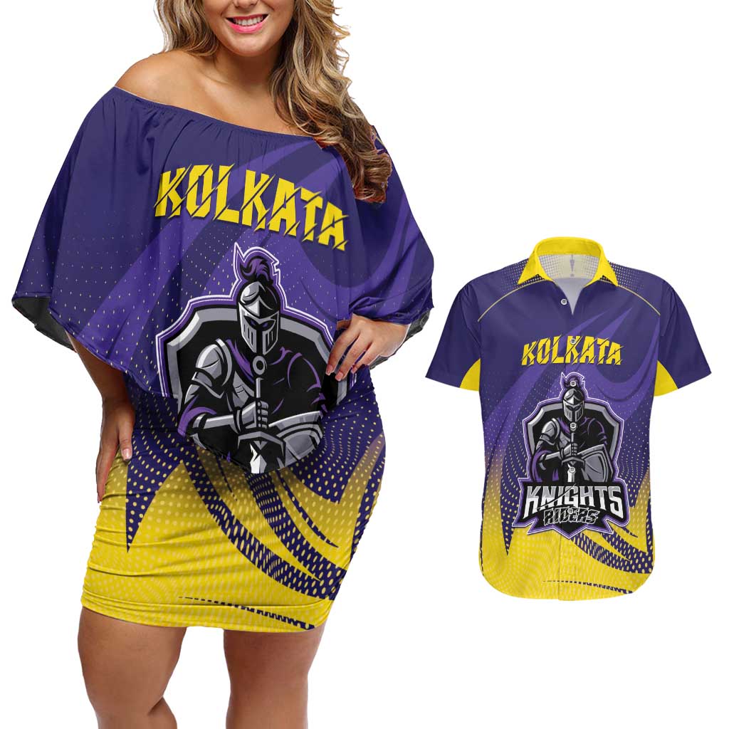 Custom Kolkata 2025 Cricket Knight Riders Couples Matching Off Shoulder Short Dress and Hawaiian Shirt Korbo Lorbo Jeetbo