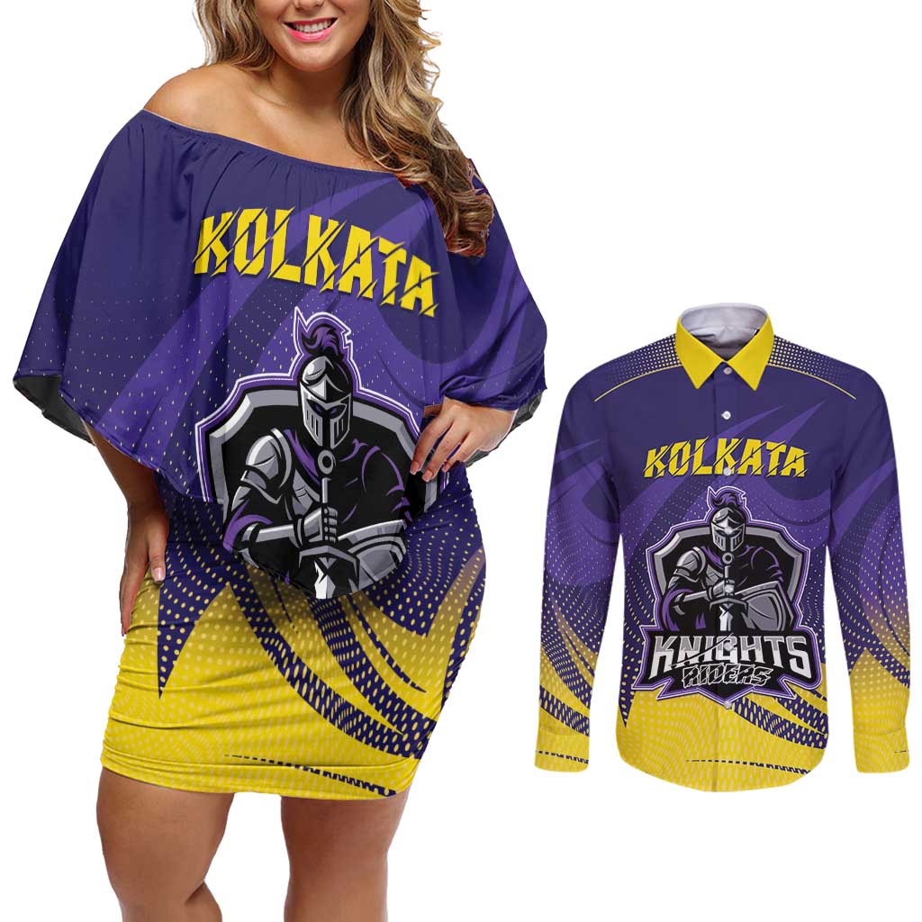 Custom Kolkata 2025 Cricket Knight Riders Couples Matching Off Shoulder Short Dress and Long Sleeve Button Shirt Korbo Lorbo Jeetbo