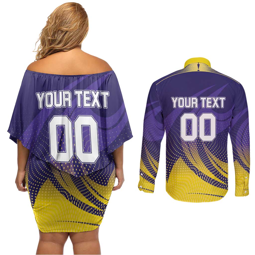 Custom Kolkata 2025 Cricket Knight Riders Couples Matching Off Shoulder Short Dress and Long Sleeve Button Shirt Korbo Lorbo Jeetbo