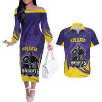 Custom Kolkata 2025 Cricket Knight Riders Couples Matching Off The Shoulder Long Sleeve Dress and Hawaiian Shirt Korbo Lorbo Jeetbo