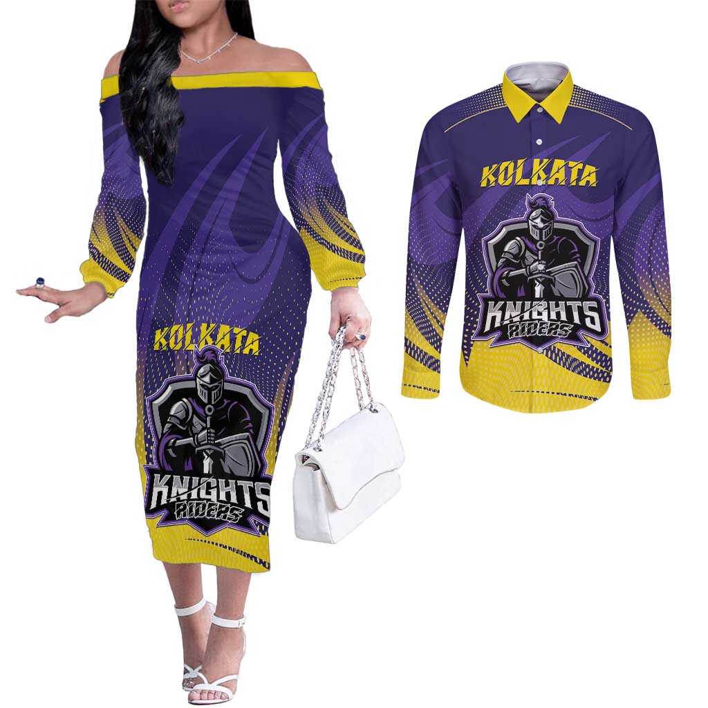 Custom Kolkata 2025 Cricket Knight Riders Couples Matching Off The Shoulder Long Sleeve Dress and Long Sleeve Button Shirt Korbo Lorbo Jeetbo