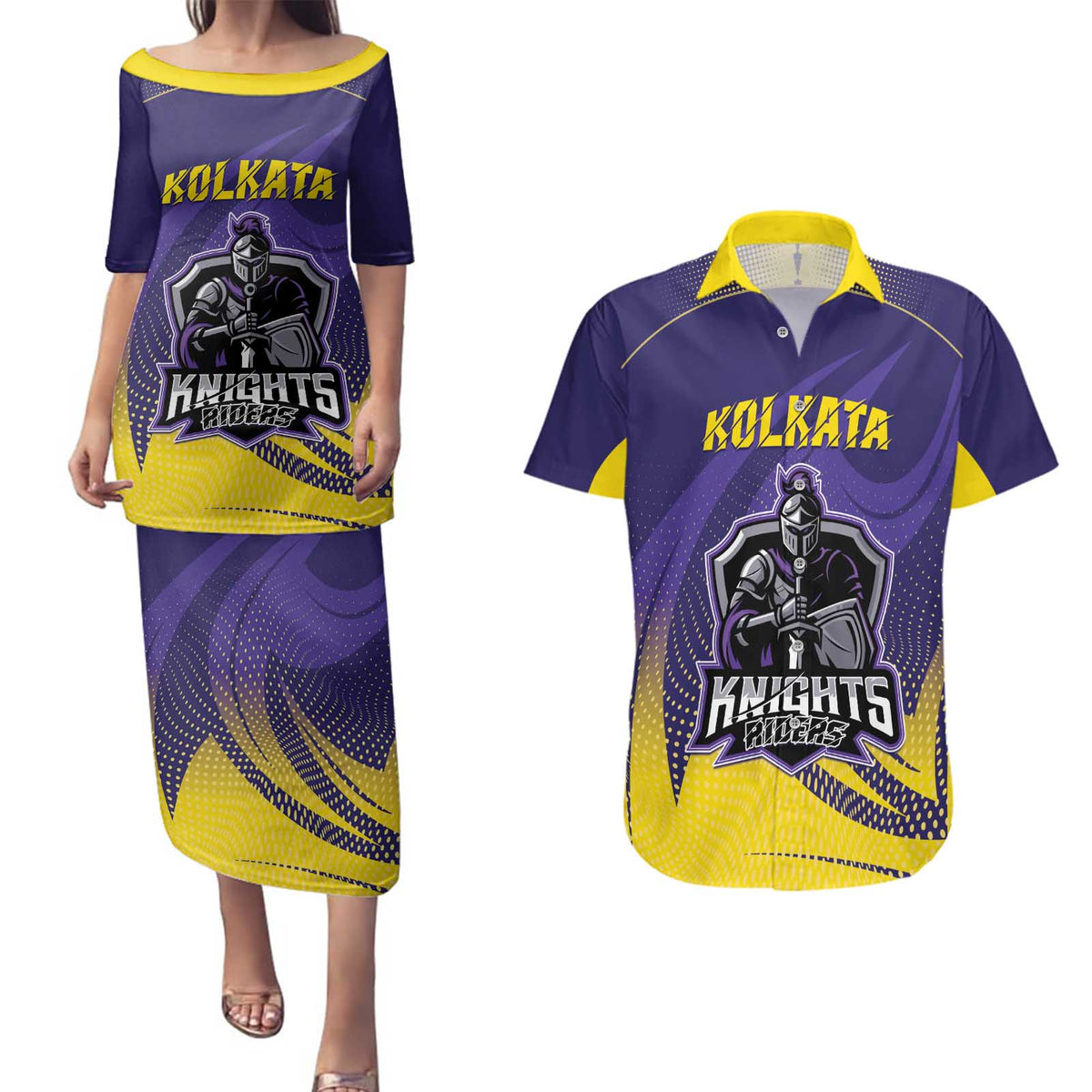 Custom Kolkata 2025 Cricket Knight Riders Couples Matching Puletasi and Hawaiian Shirt Korbo Lorbo Jeetbo