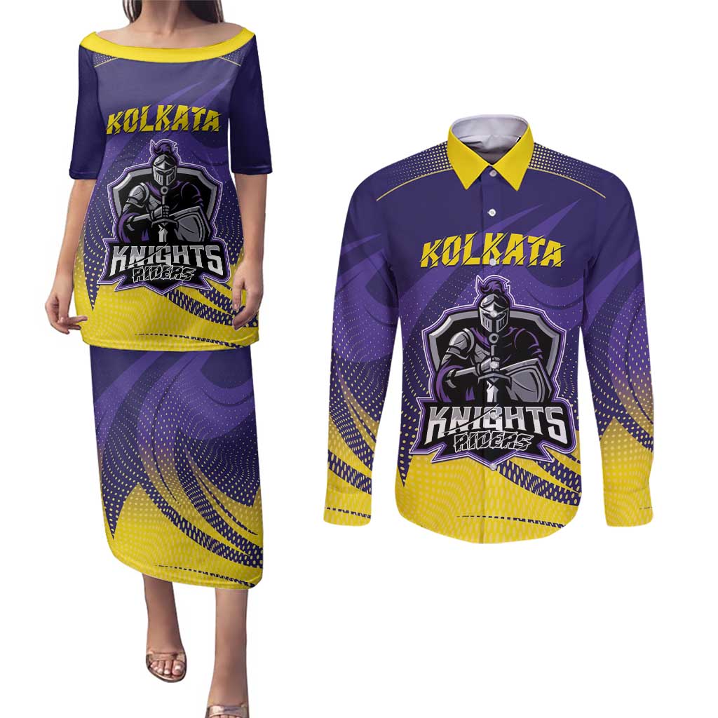 Custom Kolkata 2025 Cricket Knight Riders Couples Matching Puletasi and Long Sleeve Button Shirt Korbo Lorbo Jeetbo