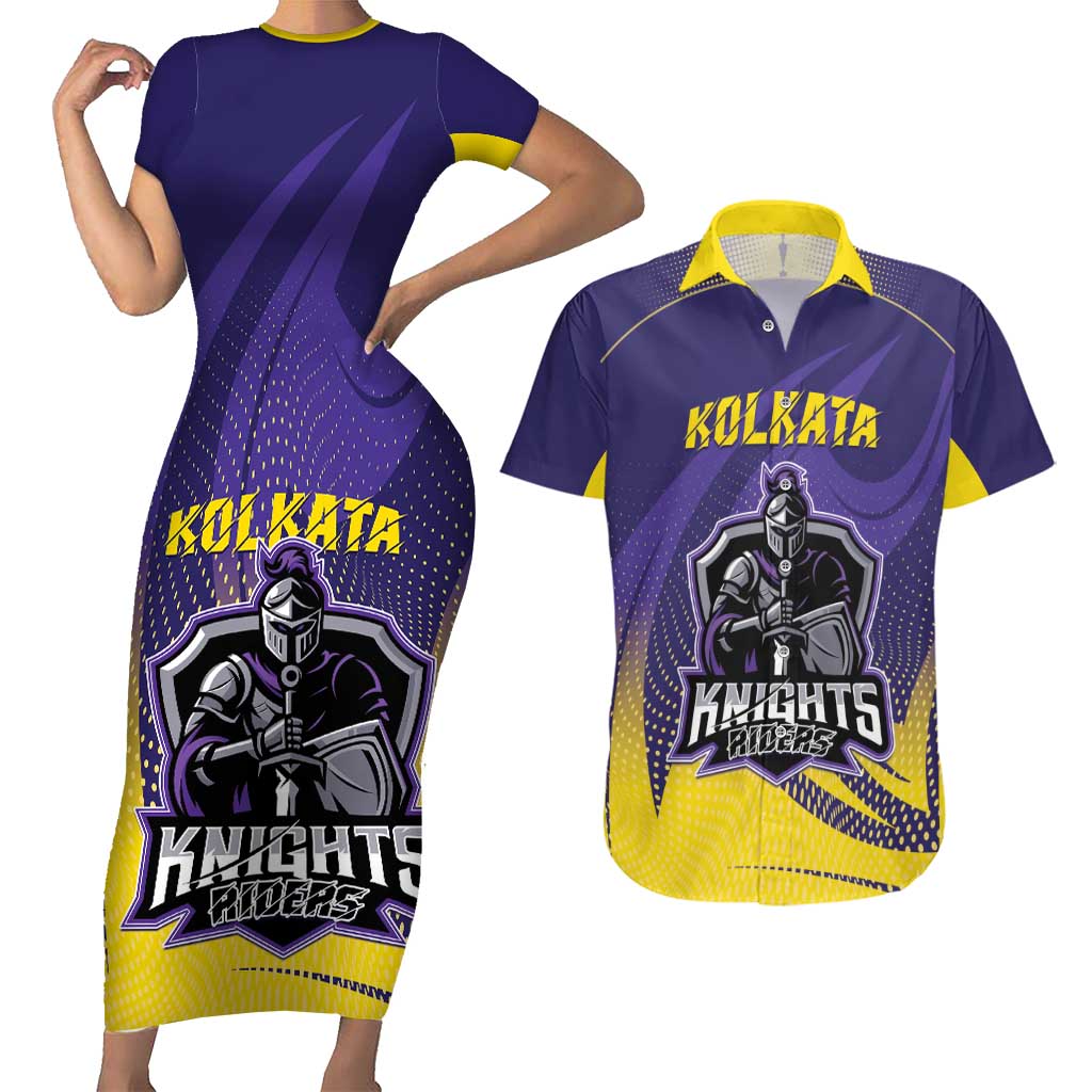Custom Kolkata 2025 Cricket Knight Riders Couples Matching Short Sleeve Bodycon Dress and Hawaiian Shirt Korbo Lorbo Jeetbo