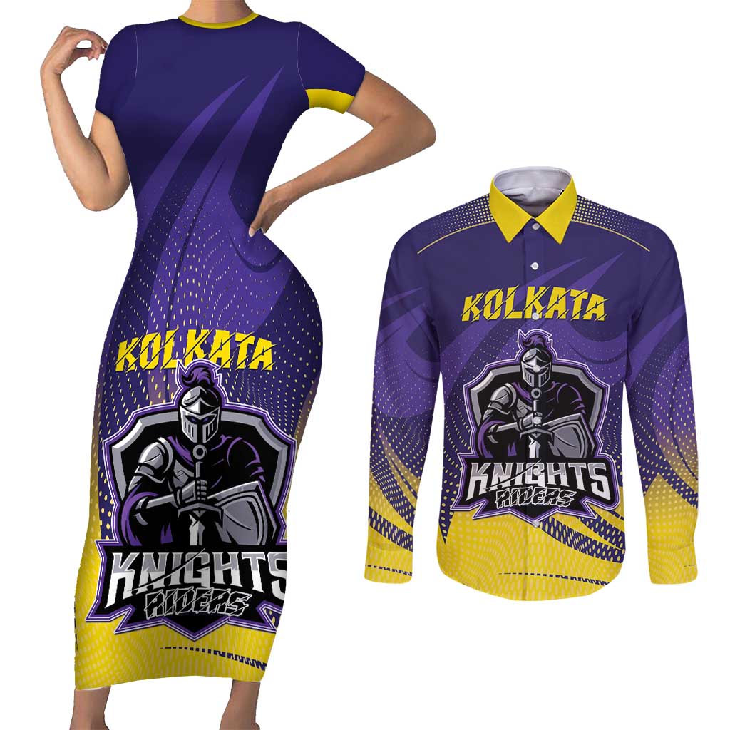 Custom Kolkata 2025 Cricket Knight Riders Couples Matching Short Sleeve Bodycon Dress and Long Sleeve Button Shirt Korbo Lorbo Jeetbo