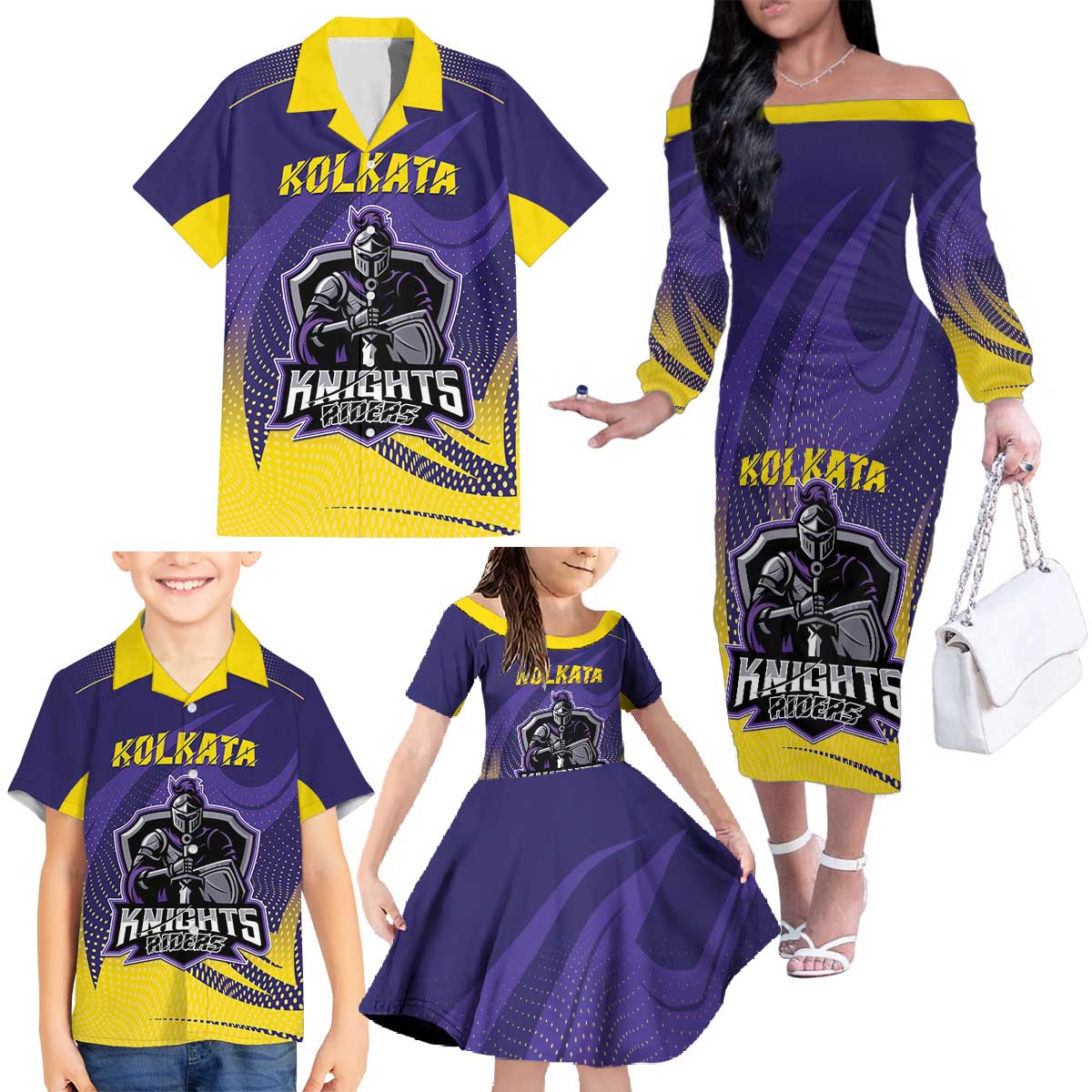Custom Kolkata 2025 Cricket Knight Riders Family Matching Off The Shoulder Long Sleeve Dress and Hawaiian Shirt Korbo Lorbo Jeetbo