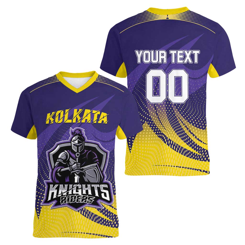 Custom Kolkata 2025 Cricket Knight Riders Women V-Neck T-Shirt Korbo Lorbo Jeetbo