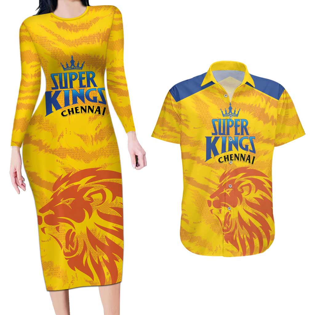 Custom Chennai 2025 Cricket Super Kings Couples Matching Long Sleeve Bodycon Dress and Hawaiian Shirt Yellow Army Lions Champion