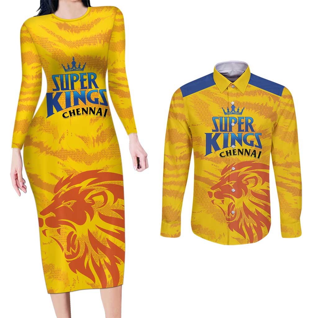 Custom Chennai 2025 Cricket Super Kings Couples Matching Long Sleeve Bodycon Dress and Long Sleeve Button Shirt Yellow Army Lions Champion