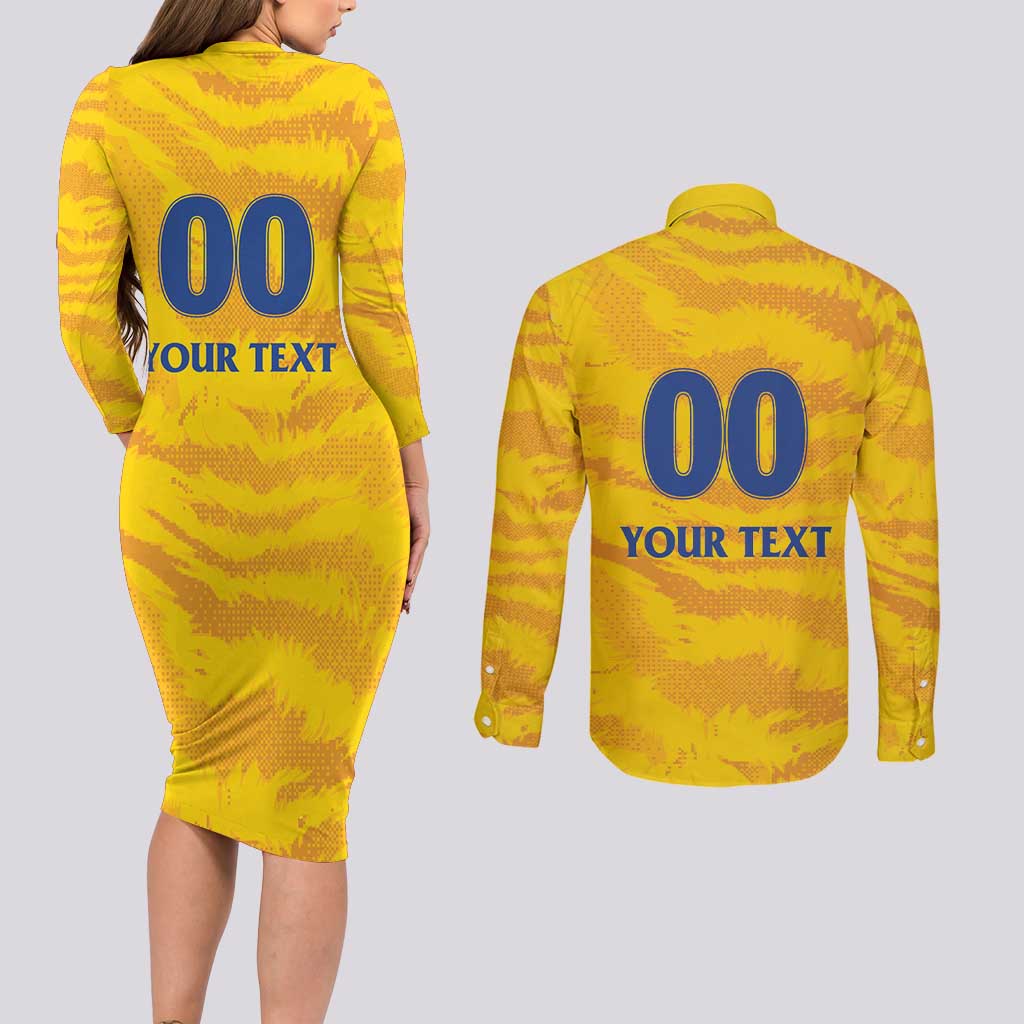 Custom Chennai 2025 Cricket Super Kings Couples Matching Long Sleeve Bodycon Dress and Long Sleeve Button Shirt Yellow Army Lions Champion