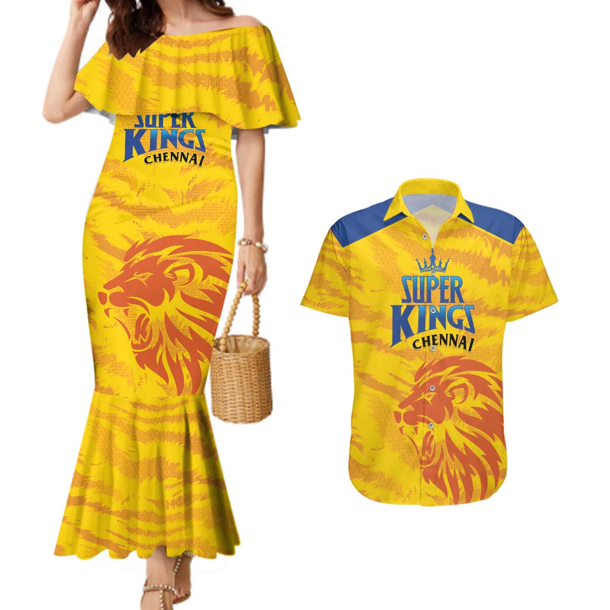 Custom Chennai 2025 Cricket Super Kings Couples Matching Mermaid Dress and Hawaiian Shirt Yellow Army Lions Champion