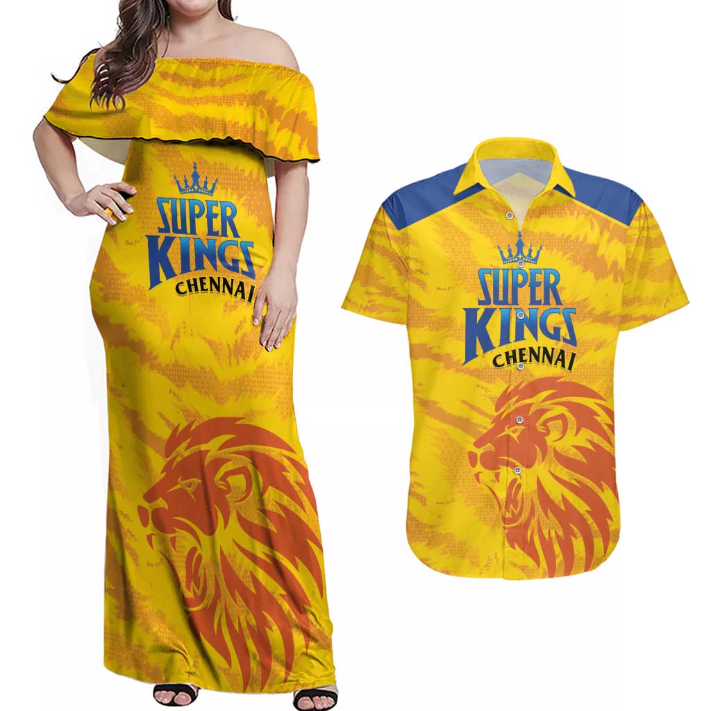 Custom Chennai 2025 Cricket Super Kings Couples Matching Off Shoulder Maxi Dress and Hawaiian Shirt Yellow Army Lions Champion