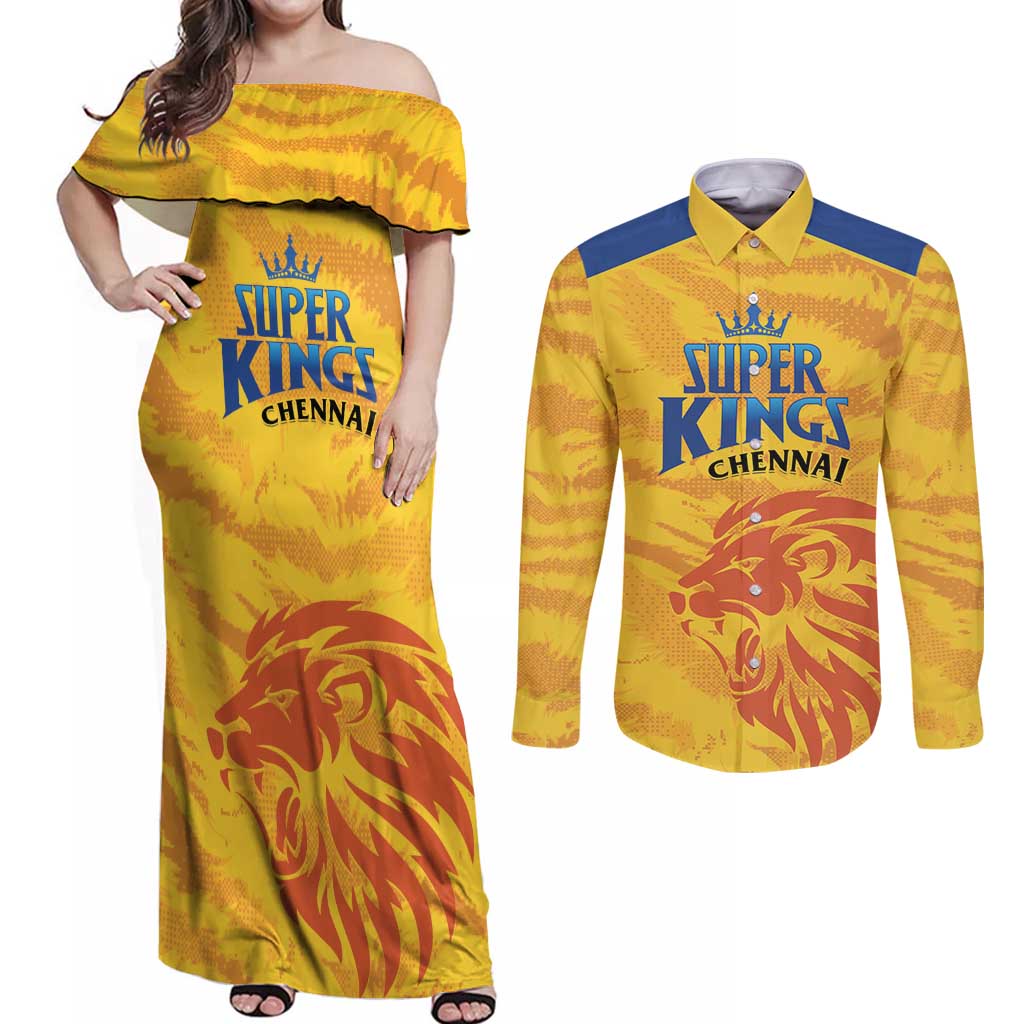 Custom Chennai 2025 Cricket Super Kings Couples Matching Off Shoulder Maxi Dress and Long Sleeve Button Shirt Yellow Army Lions Champion