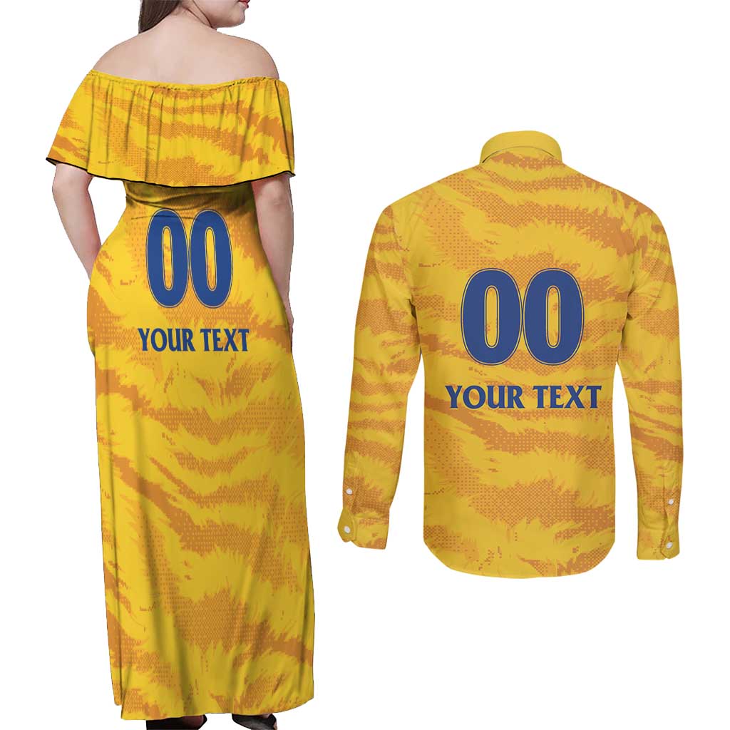 Custom Chennai 2025 Cricket Super Kings Couples Matching Off Shoulder Maxi Dress and Long Sleeve Button Shirt Yellow Army Lions Champion