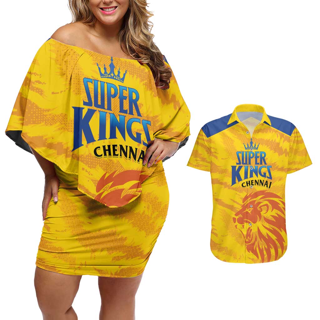Custom Chennai 2025 Cricket Super Kings Couples Matching Off Shoulder Short Dress and Hawaiian Shirt Yellow Army Lions Champion