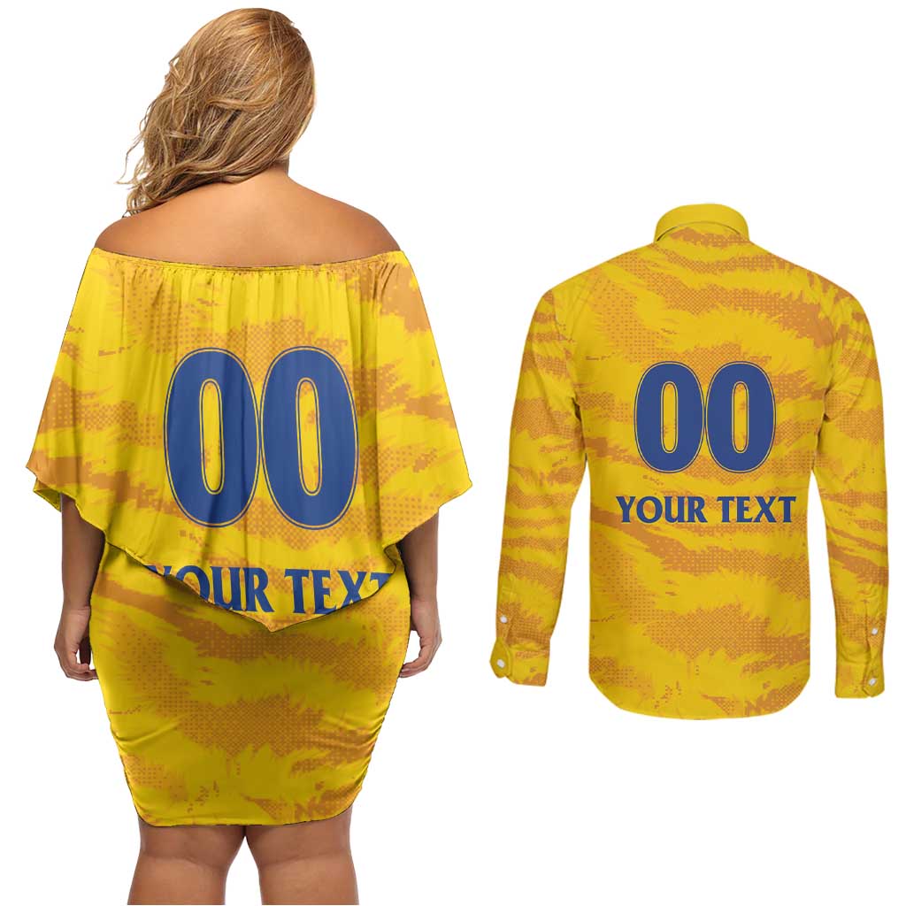 Custom Chennai 2025 Cricket Super Kings Couples Matching Off Shoulder Short Dress and Long Sleeve Button Shirt Yellow Army Lions Champion