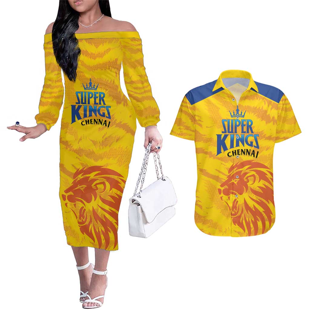Custom Chennai 2025 Cricket Super Kings Couples Matching Off The Shoulder Long Sleeve Dress and Hawaiian Shirt Yellow Army Lions Champion