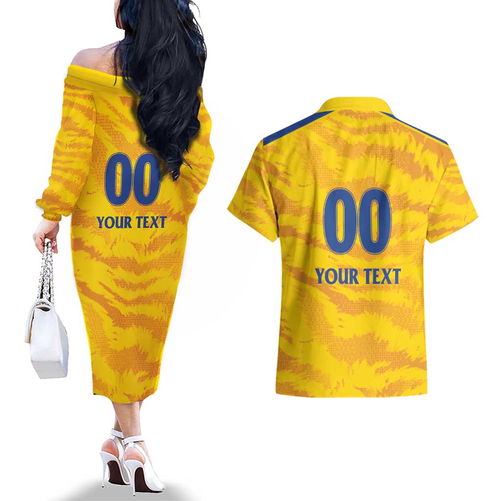 Custom Chennai 2025 Cricket Super Kings Couples Matching Off The Shoulder Long Sleeve Dress and Hawaiian Shirt Yellow Army Lions Champion