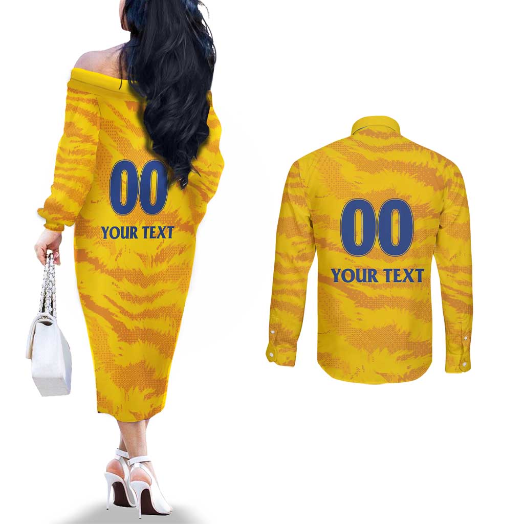 Custom Chennai 2025 Cricket Super Kings Couples Matching Off The Shoulder Long Sleeve Dress and Long Sleeve Button Shirt Yellow Army Lions Champion