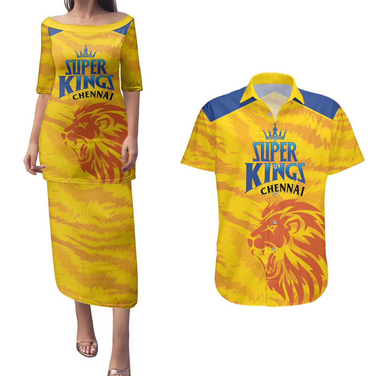 Custom Chennai 2025 Cricket Super Kings Couples Matching Puletasi and Hawaiian Shirt Yellow Army Lions Champion