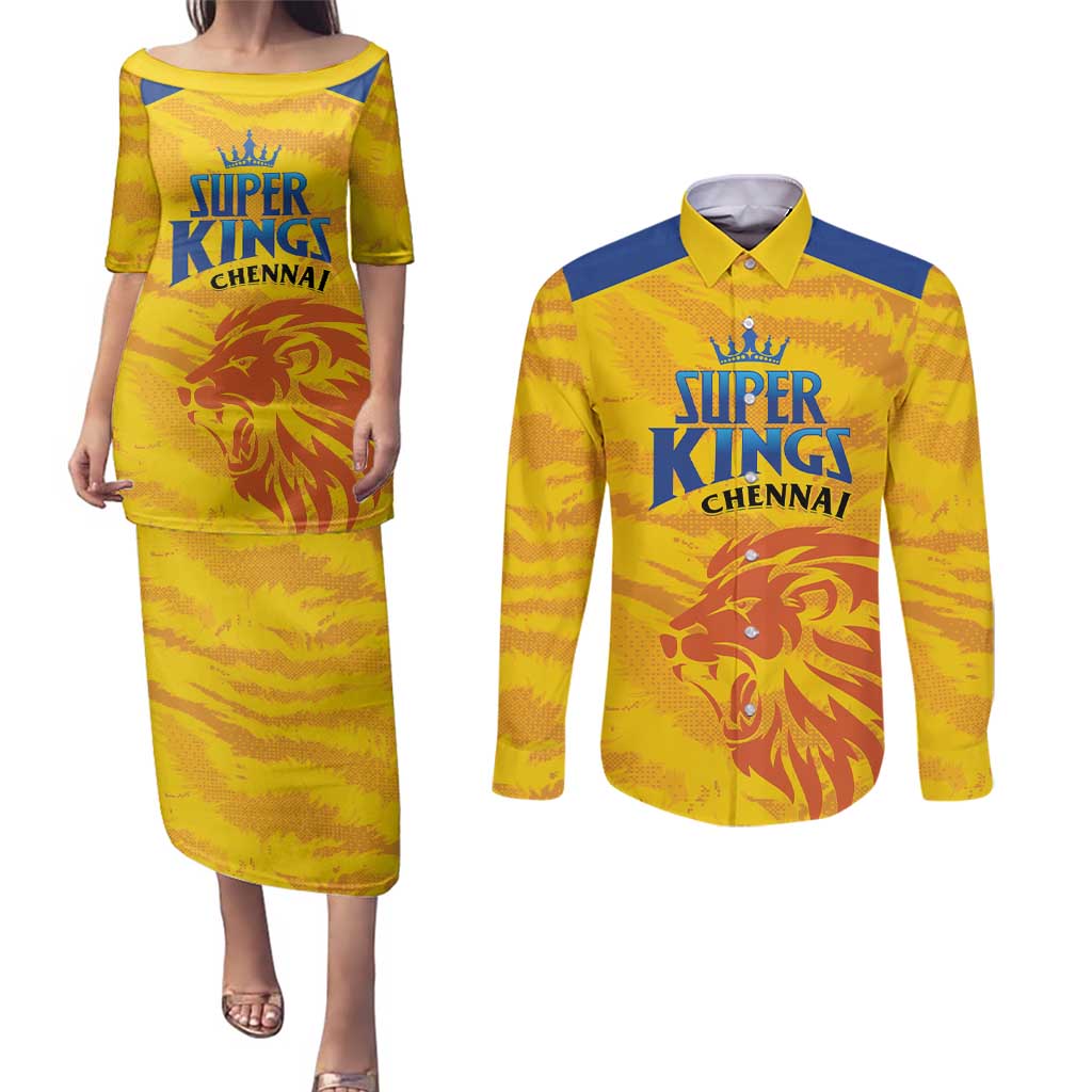 Custom Chennai 2025 Cricket Super Kings Couples Matching Puletasi and Long Sleeve Button Shirt Yellow Army Lions Champion