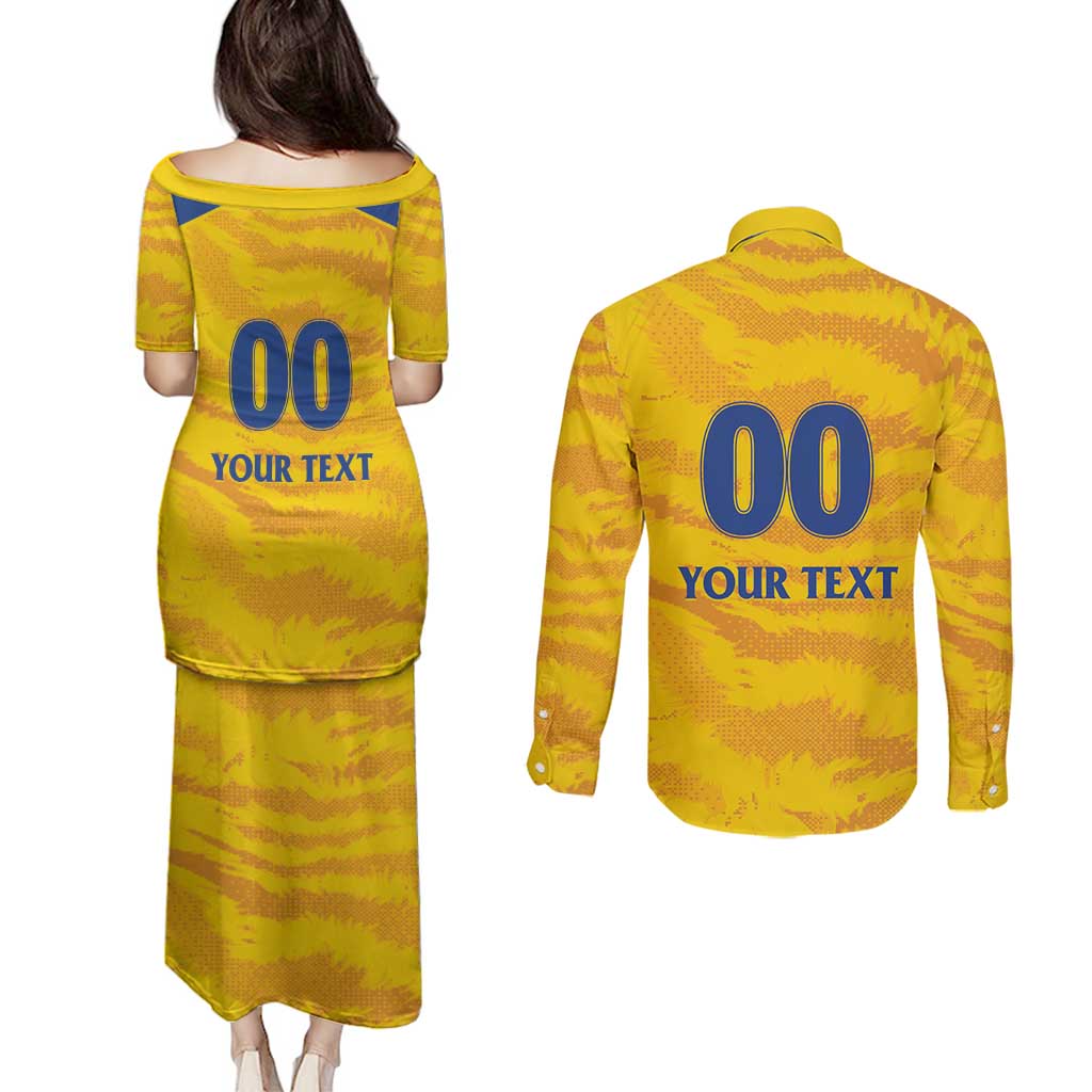 Custom Chennai 2025 Cricket Super Kings Couples Matching Puletasi and Long Sleeve Button Shirt Yellow Army Lions Champion
