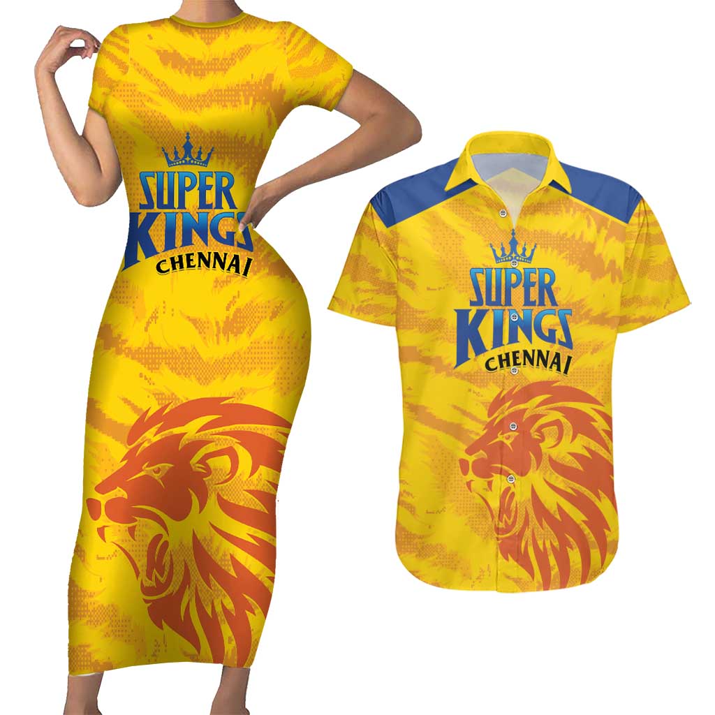Custom Chennai 2025 Cricket Super Kings Couples Matching Short Sleeve Bodycon Dress and Hawaiian Shirt Yellow Army Lions Champion