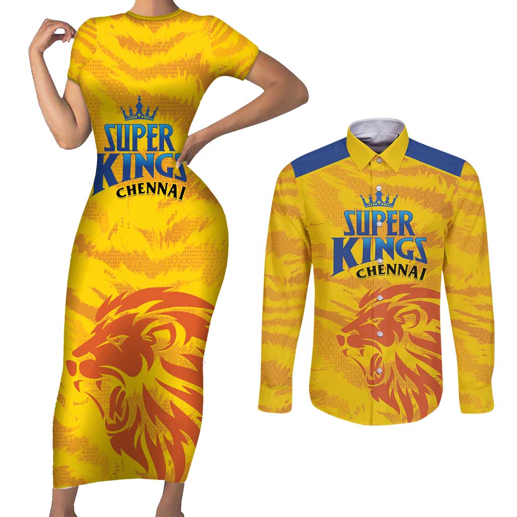 Custom Chennai 2025 Cricket Super Kings Couples Matching Short Sleeve Bodycon Dress and Long Sleeve Button Shirt Yellow Army Lions Champion