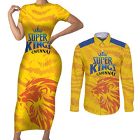 Custom Chennai 2025 Cricket Super Kings Couples Matching Short Sleeve Bodycon Dress and Long Sleeve Button Shirt Yellow Army Lions Champion