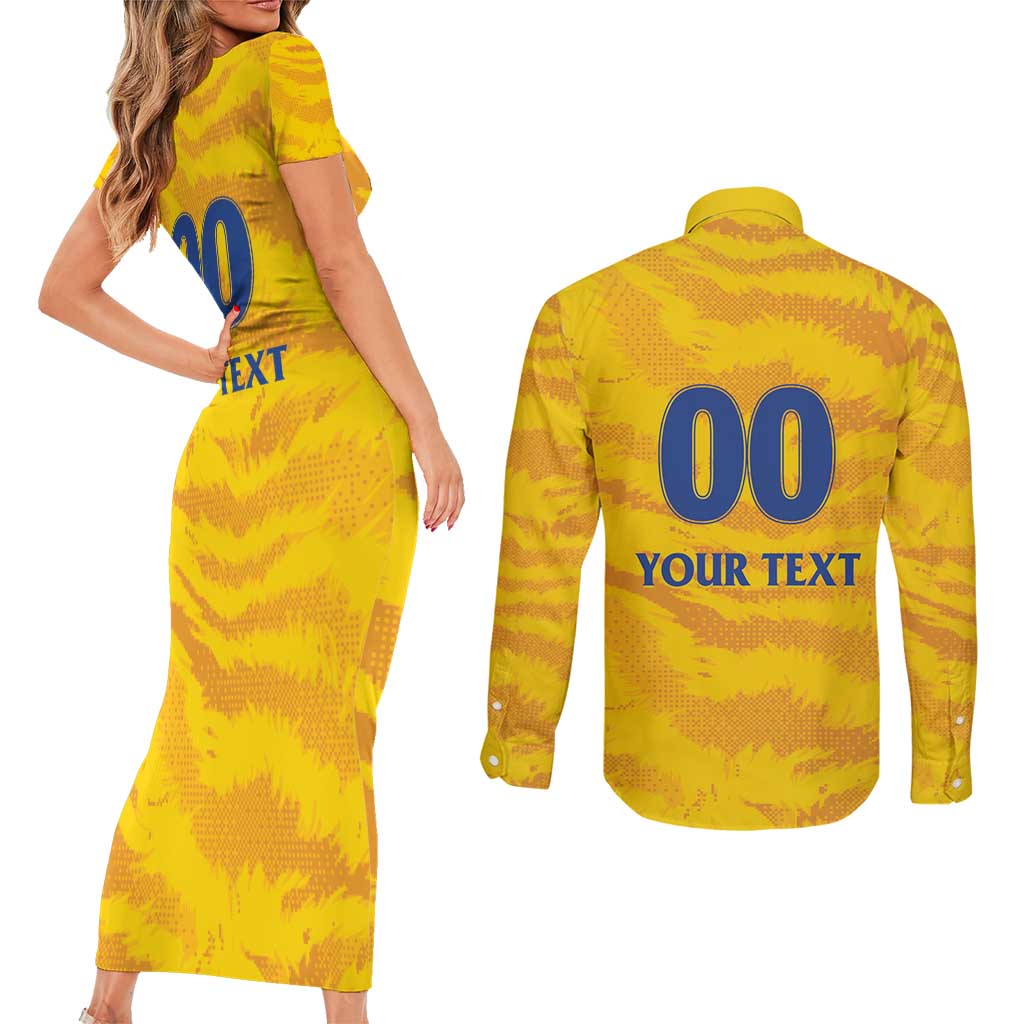 Custom Chennai 2025 Cricket Super Kings Couples Matching Short Sleeve Bodycon Dress and Long Sleeve Button Shirt Yellow Army Lions Champion