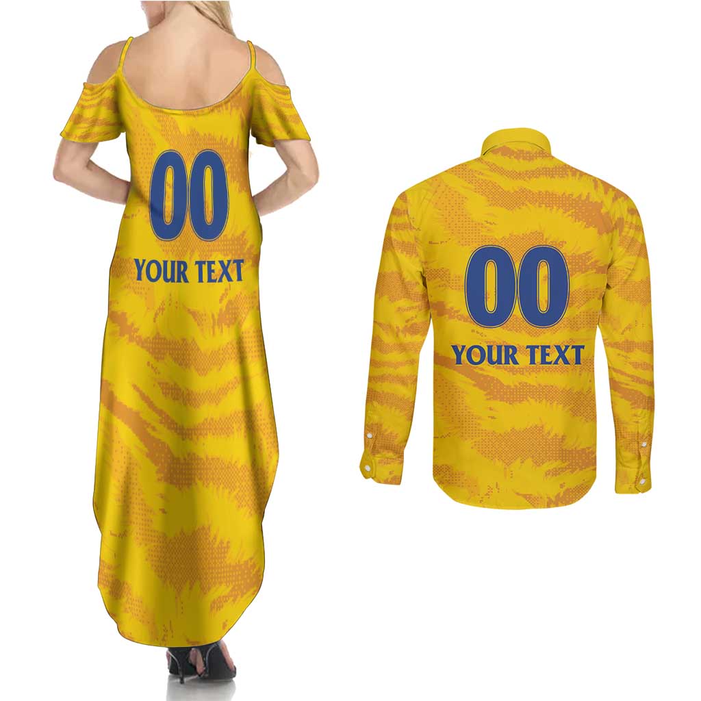 Custom Chennai 2025 Cricket Super Kings Couples Matching Summer Maxi Dress and Long Sleeve Button Shirt Yellow Army Lions Champion