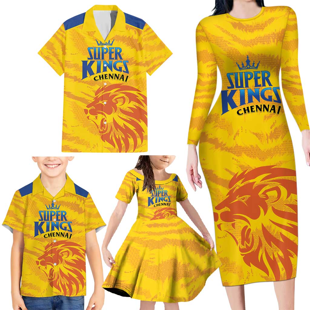 Custom Chennai 2025 Cricket Super Kings Family Matching Long Sleeve Bodycon Dress and Hawaiian Shirt Yellow Army Lions Champion