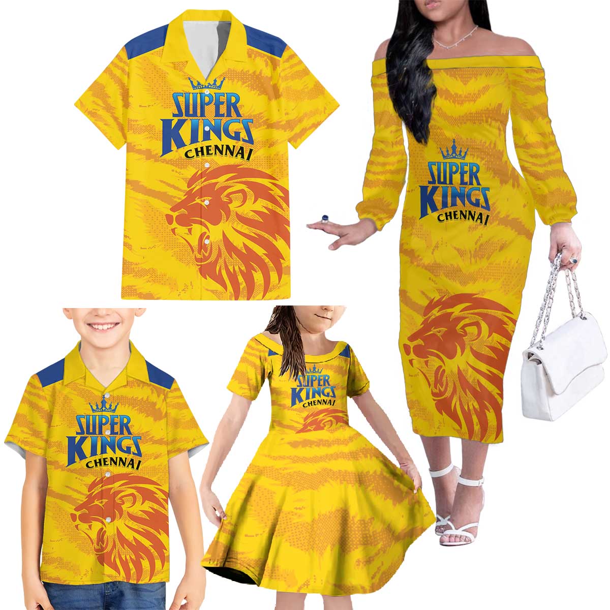 Custom Chennai 2025 Cricket Super Kings Family Matching Off The Shoulder Long Sleeve Dress and Hawaiian Shirt Yellow Army Lions Champion