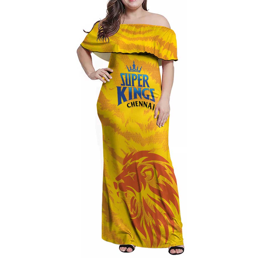 Custom Chennai 2025 Cricket Super Kings Family Matching Off Shoulder Maxi Dress and Hawaiian Shirt Yellow Army Lions Champion