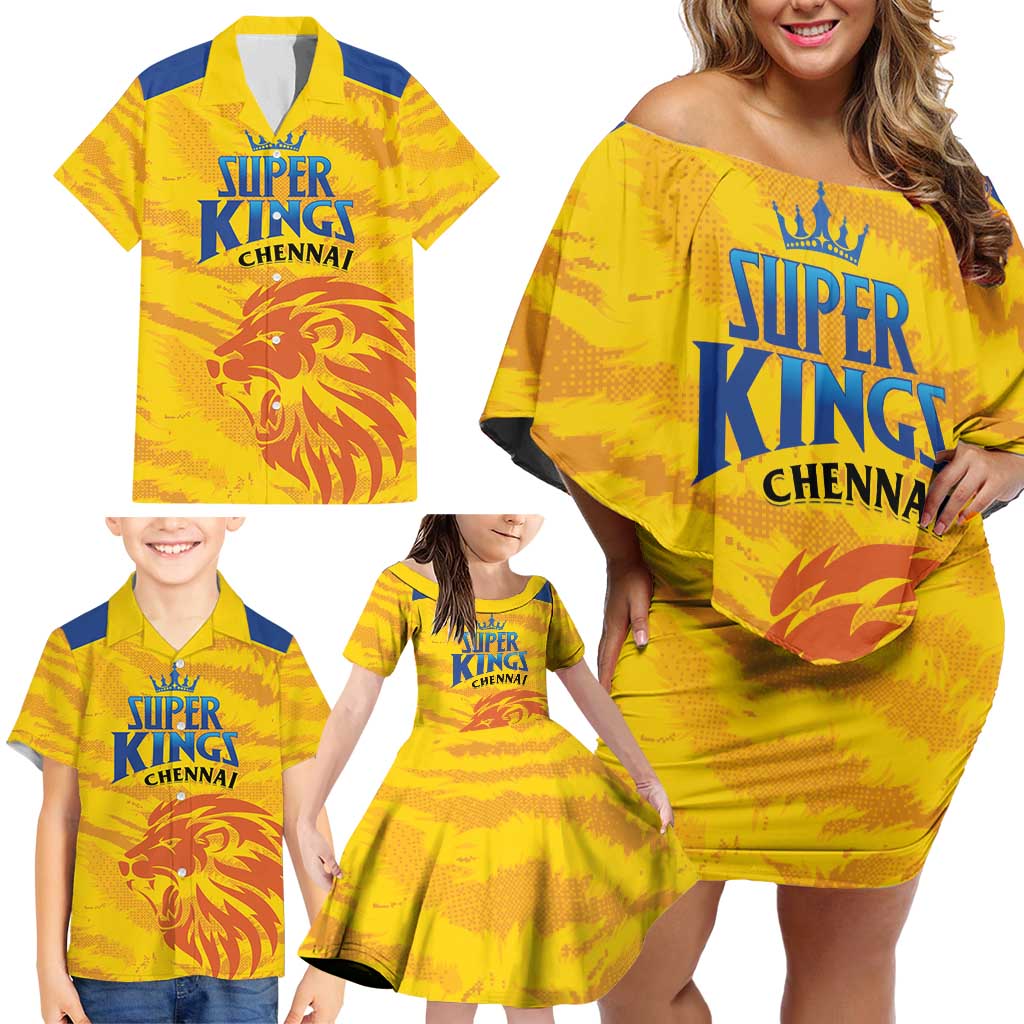 Custom Chennai 2025 Cricket Super Kings Family Matching Off Shoulder Short Dress and Hawaiian Shirt Yellow Army Lions Champion